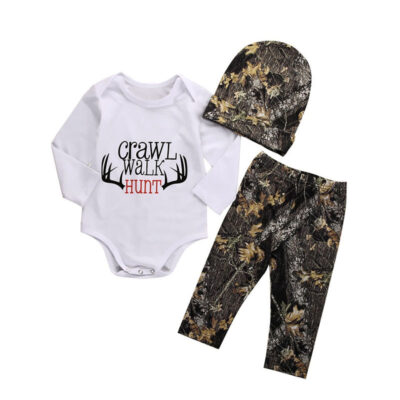 Letter Print Hunter Outfit, Crawl Walk Hunt Onesie & Camouflage Pants & Hat Long Sleeve