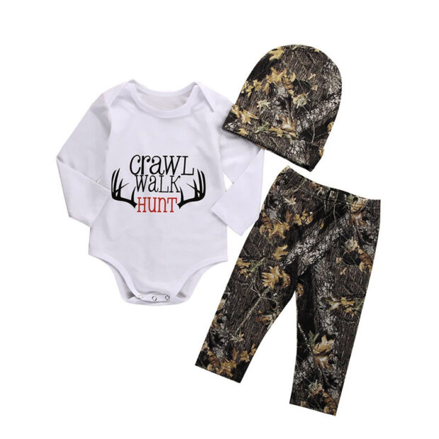 Letter Print Hunter Outfit, Crawl Walk Hunt Onesie & Camouflage Pants & Hat Long Sleeve