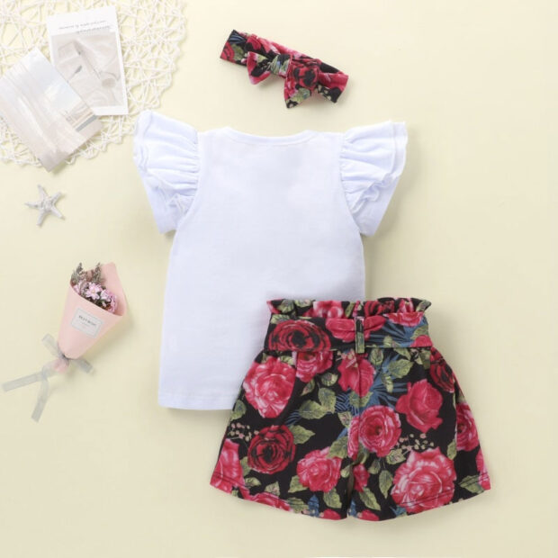 Letter Print Isn't She Lovely T-Shirt Short Sleeve & Rose Pattern Shorts with Matching Ribbon Headband - Image 2