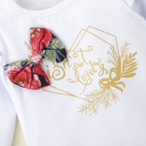 Letter Print Isn't She Lovely T-Shirt Short Sleeve & Rose Pattern Shorts with Matching Ribbon Headband - Image 3