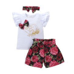 Letter Print Isn't She Lovely T-Shirt Short Sleeve & Rose Pattern Shorts with Matching Ribbon Headband