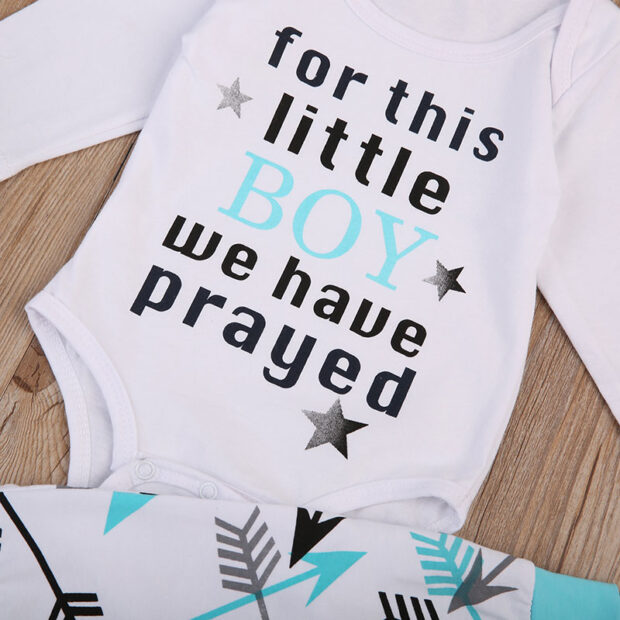Letter Print Little Boy We Have Prayed Pajamas Onesie & Cupid Arrows Pants & Beanie Hat Long Sleeve - Image 3