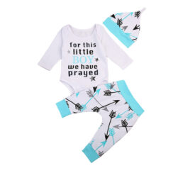 Letter Print Little Boy We Have Prayed Pajamas Onesie & Cupid Arrows Pants & Beanie Hat Long Sleeve