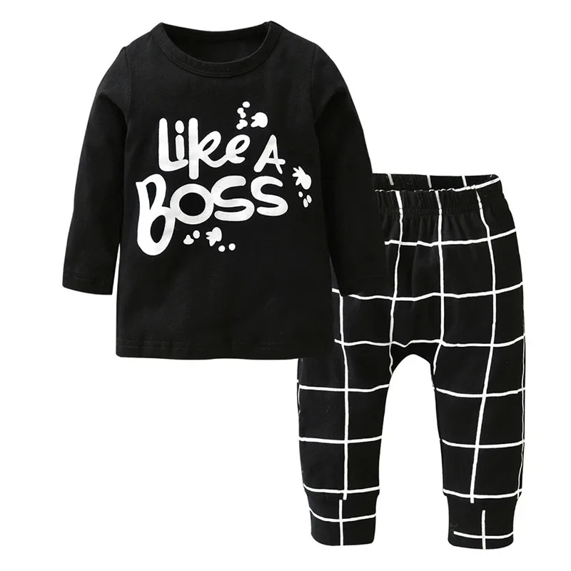 Like a Boss Phrase Long Sleeves Shirt Checked Pattern Pants