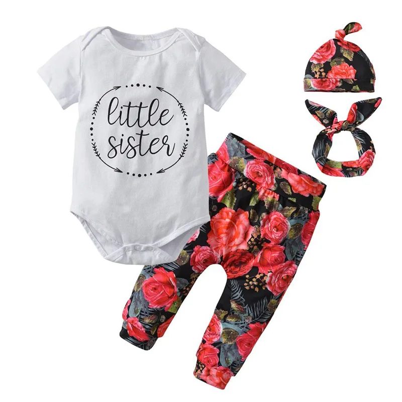 Short Sleeves Little Sister Print Bodysuit Rose Pattern Pants Ribbon Headband Beanie