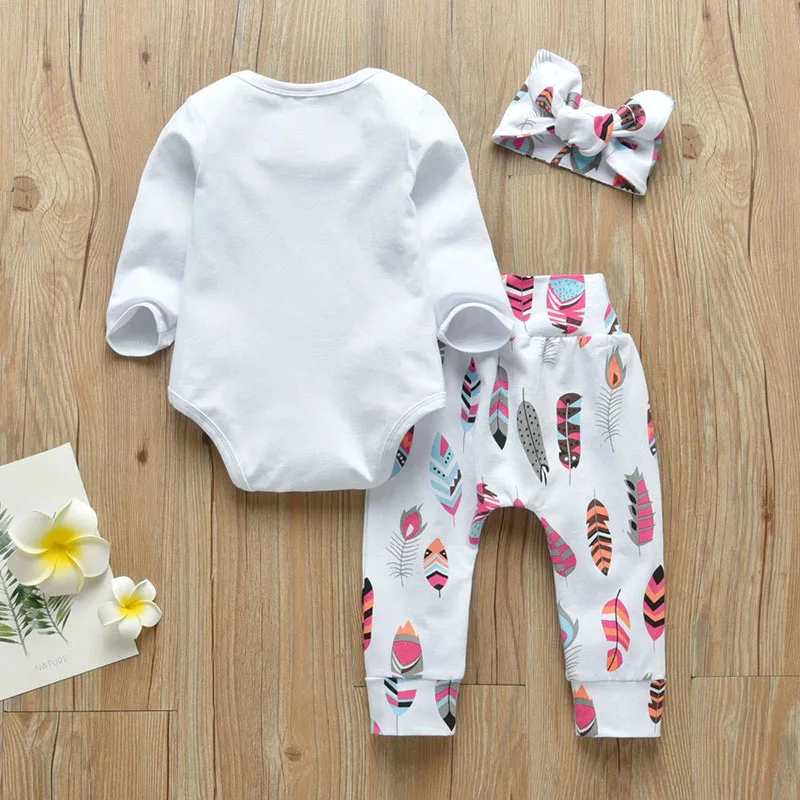 Baby Girl Little Sister Text Print Onesie & Feather Pattern Pants Long Sleeve with Ribbon Headband - Image 2