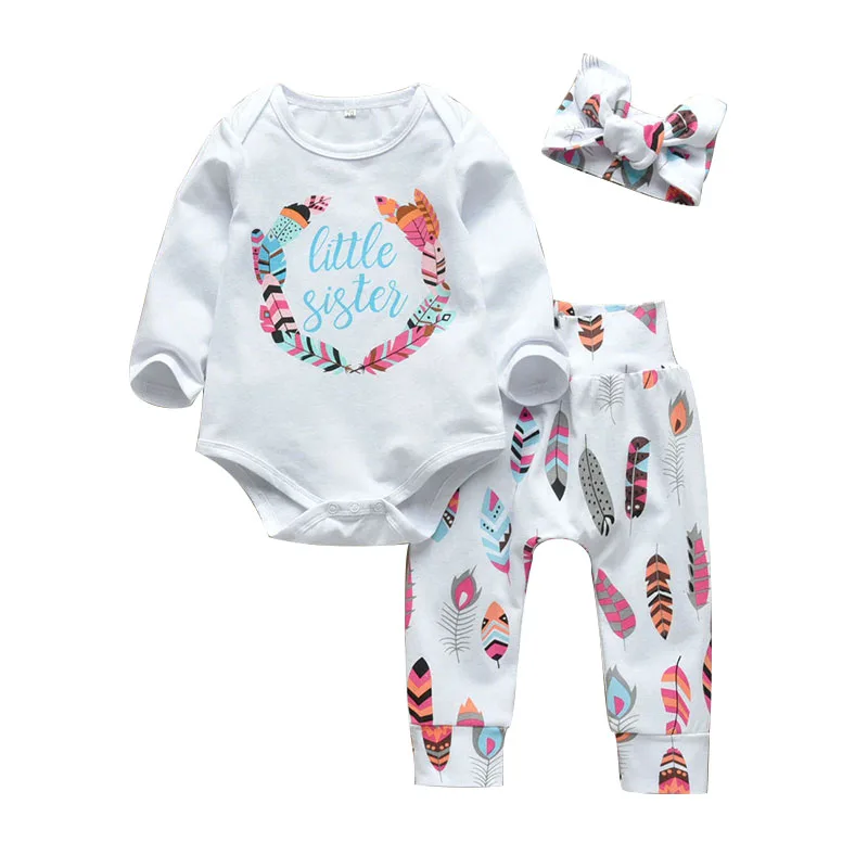 Baby Girl Little Sister Text Print Onesie & Feather Pattern Pants Long Sleeve with Ribbon Headband