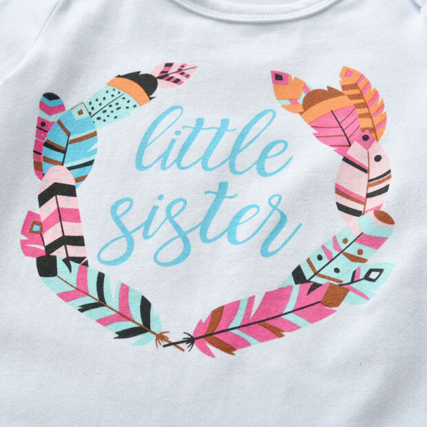 Baby Girl Little Sister Text Print Onesie & Feather Pattern Pants Long Sleeve with Ribbon Headband - Image 4