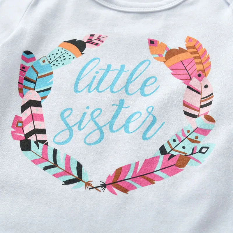 Baby Girl Little Sister Text Print Onesie & Feather Pattern Pants Long Sleeve with Ribbon Headband - Image 4
