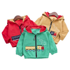 Locomotive Embroidery Wind Jacket with Cap Zip Up Long Sleeve