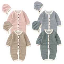 Long Sleeve Casual Winter Pajamas Button Up Romper with Hat