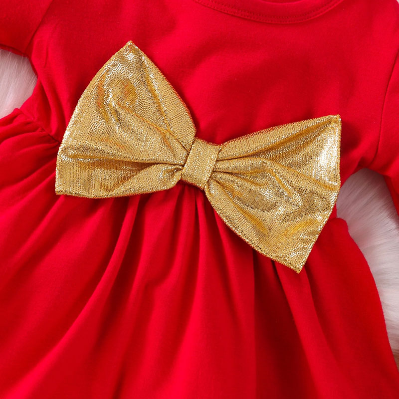 Long Sleeve Gold Ribbon Bow Christmas Dress with Snowflake Trimming Matching Headband