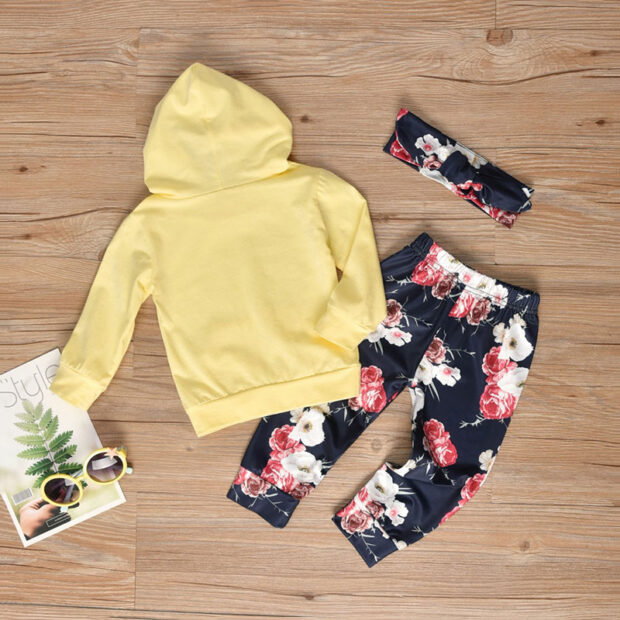 Baby Girls Hoodie, Floral Pants, Ribbon Tie Knot Headband 3 pcs - Image 3