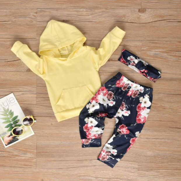 Baby Girls Hoodie, Floral Pants, Ribbon Tie Knot Headband 3 pcs - Image 2
