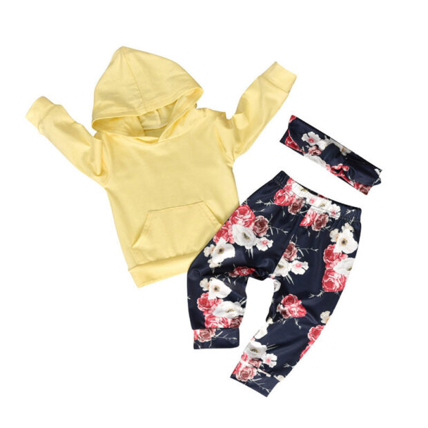 Baby Girls Hoodie, Floral Pants, Ribbon Tie Knot Headband 3 pcs