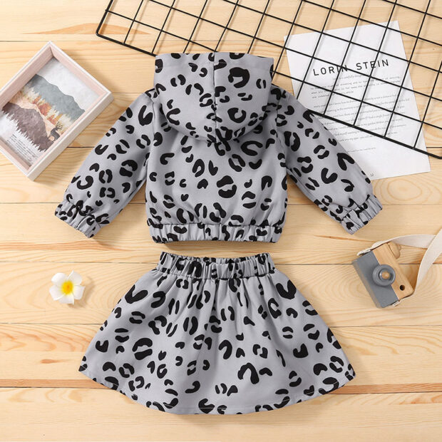 Baby Long Sleeve Leopard Pattern Hoodie & Skirt Outfit
