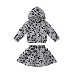 Baby Long Sleeve Leopard Pattern Hoodie & Skirt Outfit