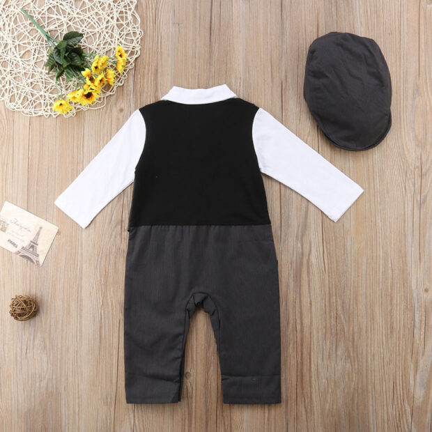Long Sleeve One Piece Romper Suit with Vest, Bow Tie, Flat Cap Hat - Image 2