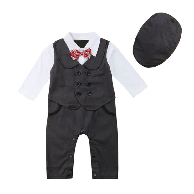 Long Sleeve One Piece Romper Suit with Vest, Bow Tie, Flat Cap Hat