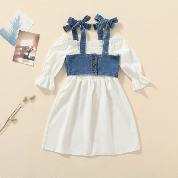 Long Sleeve White Dress & Denim Strap Crop Top - Image 2