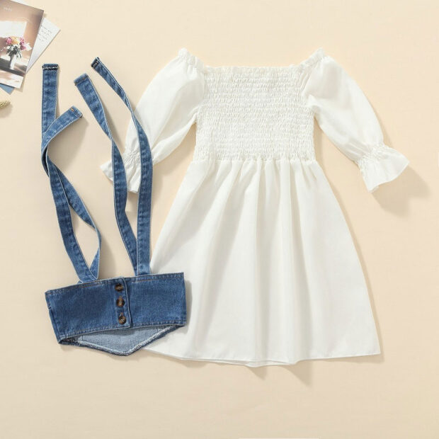 Baby Long Sleeve White Dress with Denim Crop Top