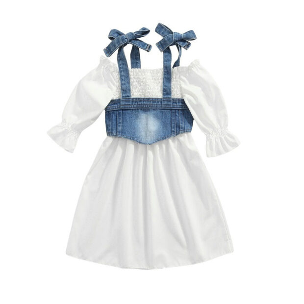 Baby Long Sleeve White Dress with Denim Crop Top