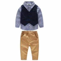 Gentlemen Checked Collar Shirt with Vest & Khaki Pants
