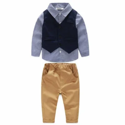 Gentlemen Checked Collar Shirt with Vest & Khaki Pants