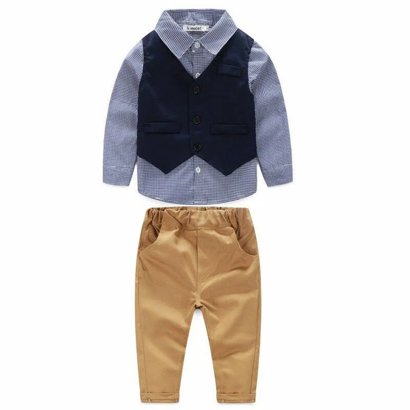 Gentlemen Checked Collar Shirt with Vest & Khaki Pants