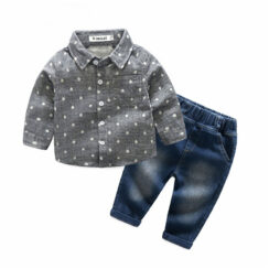 Long Sleeves Grey Polka Dots Collar Shirt with Denim Jeans
