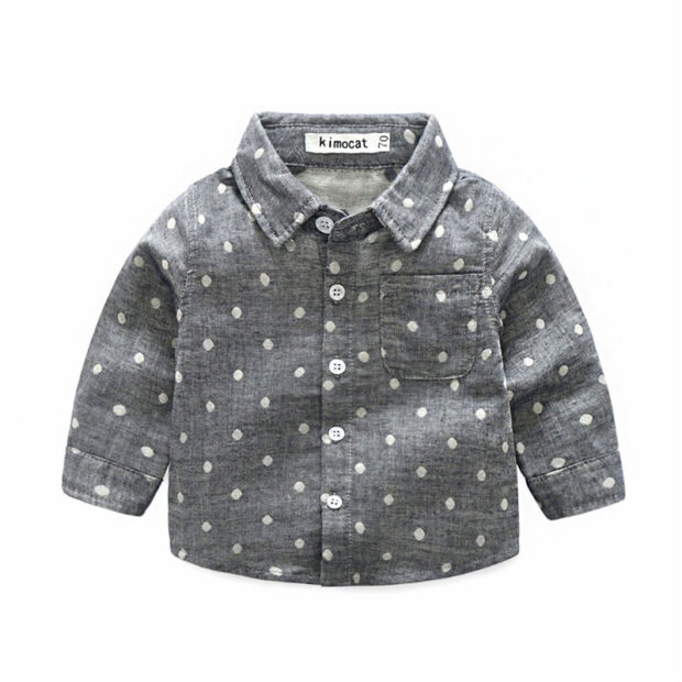 Long Sleeves Grey Polka Dots Collar Shirt with Denim Jeans - Image 2