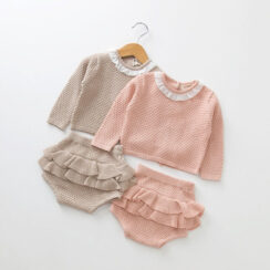 Long Sleeves Knitted Plain Sweater with Matching Laced Shorts
