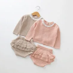 Long Sleeves Knitted Plain Sweater with Matching Laced Shorts