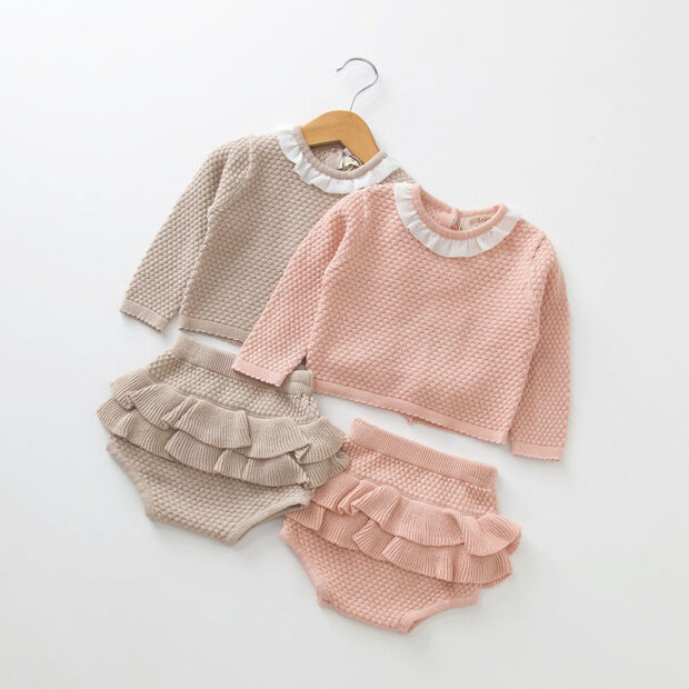 Long Sleeves Knitted Plain Sweater with Matching Laced Shorts
