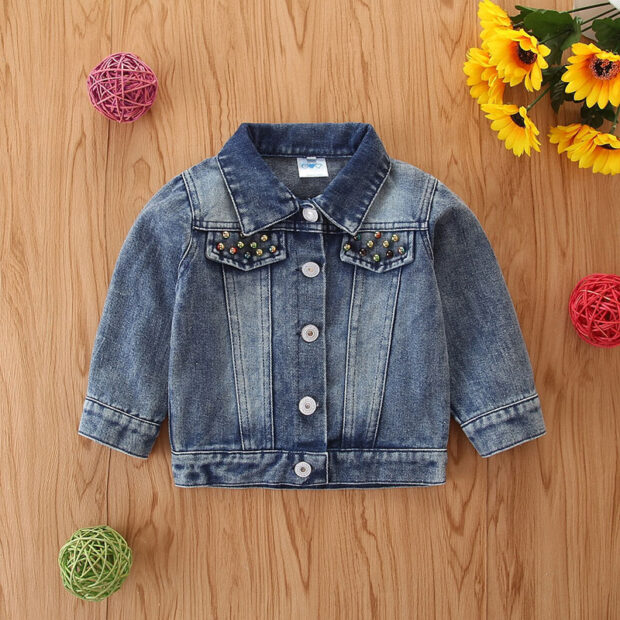Love Heart Pattern Flip Sequin Denim Jacket with Studs Long Sleeve - Image 2