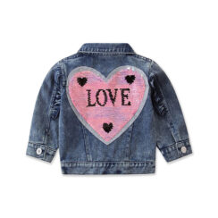 Love Heart Pattern Flip Sequin Denim Jacket with Studs Long Sleeve