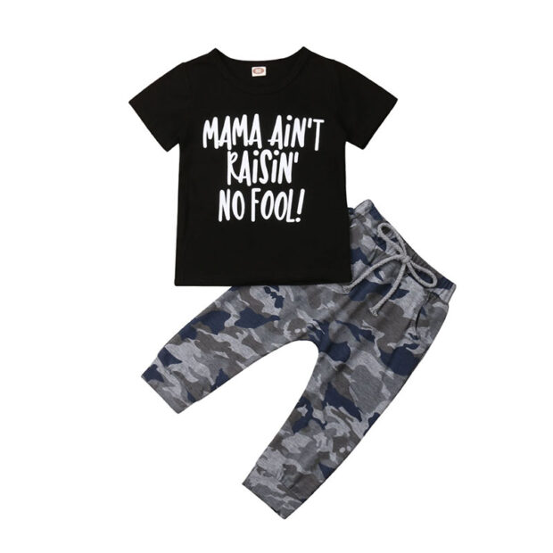 Baby Letter Print T-Shirt & Camouflage Jogger Pants