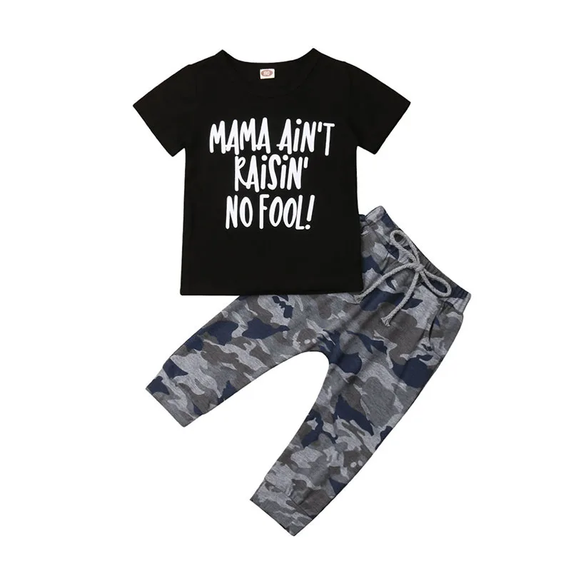 Baby Mama Ain't Raising No Fool Letter Print T-Shirt & Camouflage Jogger Pants