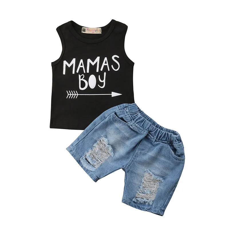 Baby Mama’s Boy Letter Print Tank Top & Ripped Denim Shorts