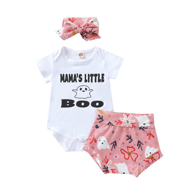 Mama's Little Boo Onesie & Matching Shorts & Ribbon Headband Short Sleeve Halloween Outfit
