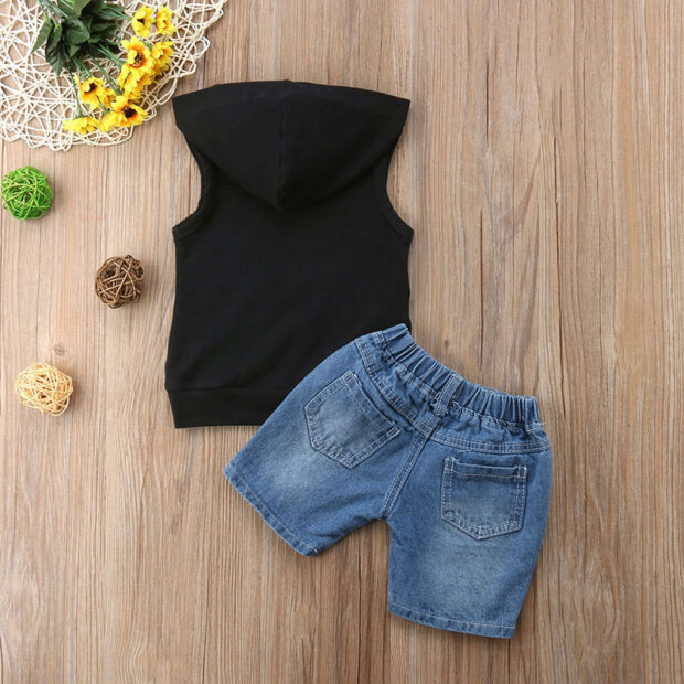 Baby Boy Mini Boss Letter Print Hoodie Tank Top & Ripped Denim Shorts - Image 2