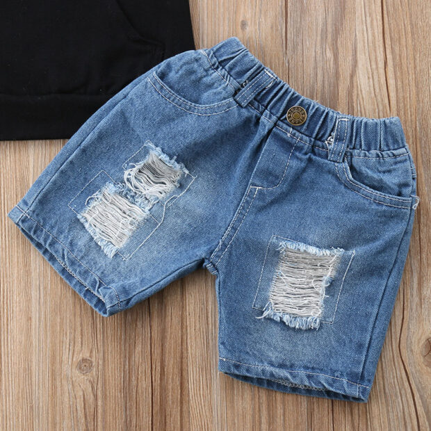 Baby Boy Mini Boss Letter Print Hoodie Tank Top & Ripped Denim Shorts - Image 4