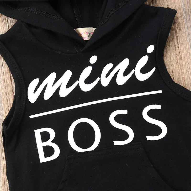 Baby Boy Mini Boss Letter Print Hoodie Tank Top & Ripped Denim Shorts - Image 3