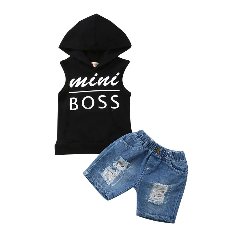 Baby Boy Mini Boss Letter Print Hoodie Tank Top & Ripped Denim Shorts