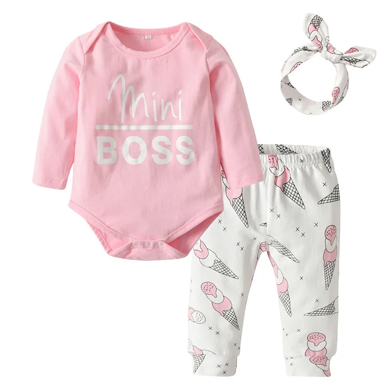 Baby Girl Mini Boss Bodysuit Ice-Cream Cone Print Sweatpants Headband