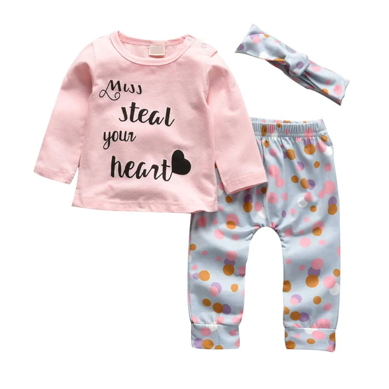 Baby Girl Steal Your Heart Text Print T-Shirt, Polka Dots Pants, Ribbon Headband