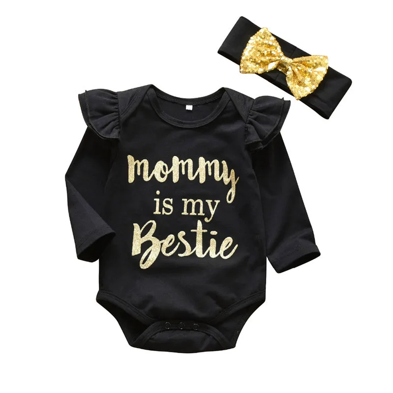 Baby Mommy Bestie Text Print Onesie Short Sleeve Bodysuit, Ribbon Bow Headband 2 pcs Set