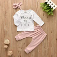 Baby Mommy Idol Text T-Shirt, Elastic Pants, Ribbon Headband 3pcs Outfit