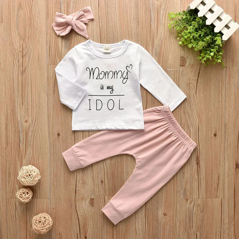 Baby Mommy Idol Text T-Shirt, Elastic Pants, Ribbon Headband 3pcs Outfit
