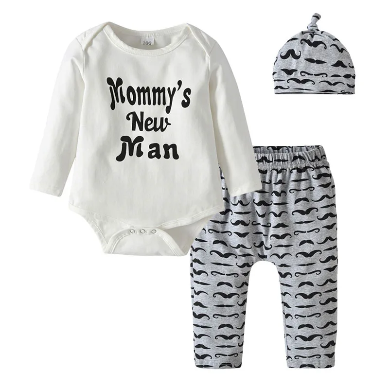 Mommy's Little Man Bodysuit Romper Mustache Print Sweatpants with Beanie Hat
